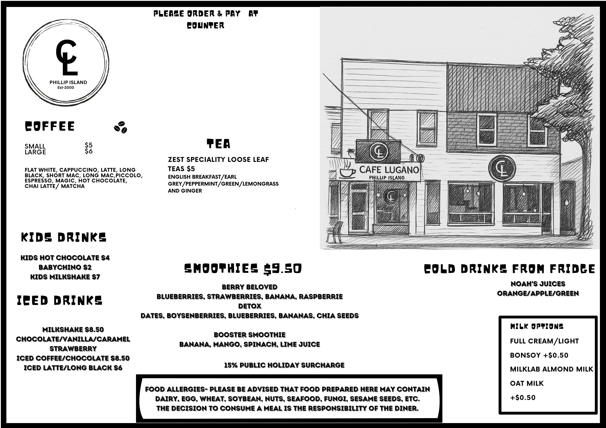 Cafe Lugano Summer 2025 menu — coffee, tea, smoothies, iced drinks and cold drinks